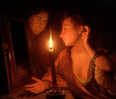 A Lady Admiring an Earring by Candlelight by Godfried Schalcken